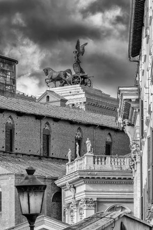 Classical and traditional architecture in the historical center of Rome (Black and White)の写真素材