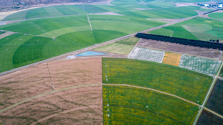 circle cultivation fields seen from the drone in new zealand
