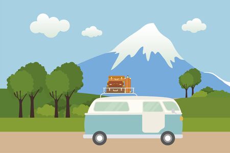 Travel Trailer Caravanning. RV Park Camping at mountain. Vectorのイラスト素材