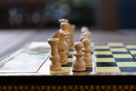 Close-up of chessboard with chess piecesの写真素材