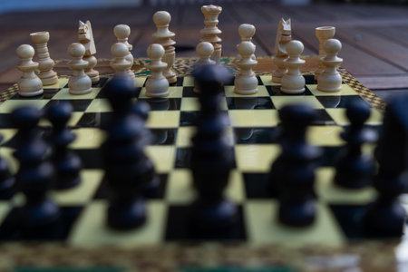Close-up of chessboard with chess pieces