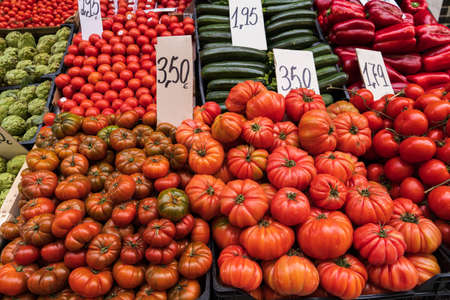Different types of vegetables in a food market standの写真素材