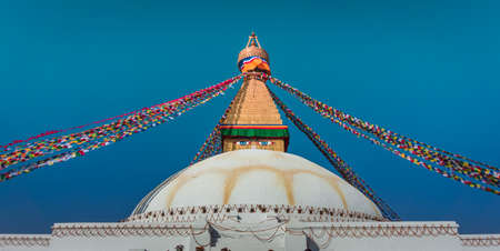 Buddha Temple with prayer flags in Kathmandu, Nepalの写真素材
