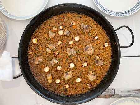 Delicious mediterranean rice with octopus and pork ribs. Typical catalan plate of sea and mountain rice in a restaurant.の写真素材