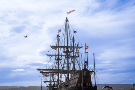 The replica of the old sailing ship in the port of Barcelona.の写真素材