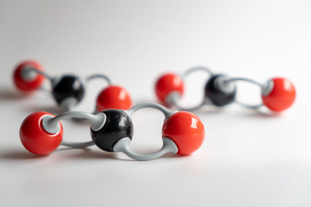 Close-up carbon dioxide molecule with two other carbon dioxide at the bottom. Chemical formula of...