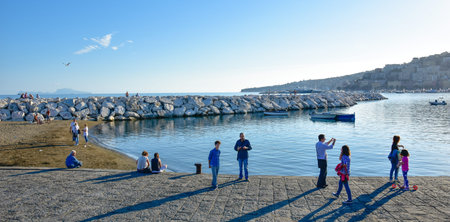 View of seafront Francesco Caracciolo, with Ovo Castle. Naples, Italy.のeditorial素材