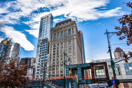New York, USA Manhattan. View of buildings along the Hudson River Greenway.のeditorial素材