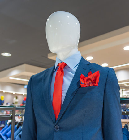 Close up of a mannequin in a blue jacket store, with a red tie and scarf.の写真素材