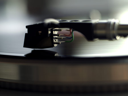 close-up of Vinyl Record Playing on a Vintage Turntableの写真素材