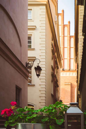 A narrow European street with old housesの写真素材