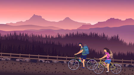 Cyclists ride a country road with mountain views in summerのイラスト素材