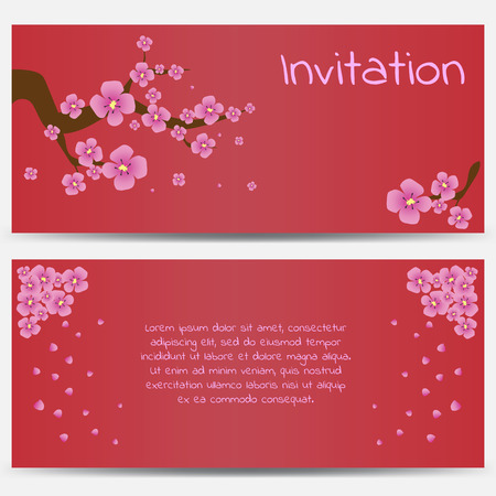 Invitation design template blooming sakura on Red Background. Vector illustrationのイラスト素材