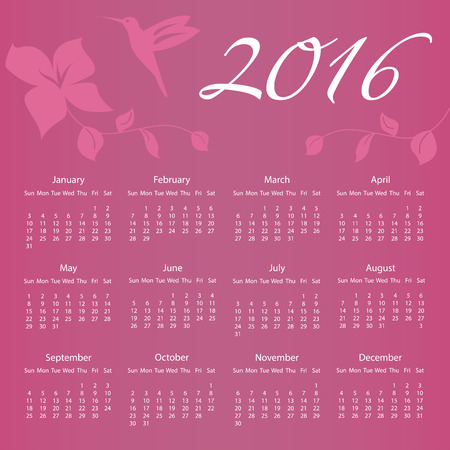 2016 Calendar with Hummingbird and flower with week starting on Sunday. Vector illustration EPS8のイラスト素材