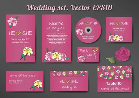 Wedding set of cards templates with lily flowers on lilac background. のイラスト素材