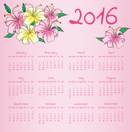 Calendar 2016 with with lily flowers on pink background. Vector illustration EPS10のイラスト素材