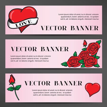 Banners in the old school style for the Wedding and Valentines Day. Design with hearts and roses. Vector illustrationのイラスト素材