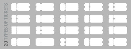 Set of 20 blank or empty ticket template. Cinema, theater, concert and boarding tickets, discount and sales coupons. Vector illustration isolated on transparent background.のイラスト素材