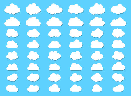Big set of clouds with shadow. Fluffy clouds with flat bottom in flat style isolated on blue background.のイラスト素材