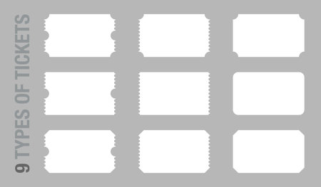 Set of 9 blank or empty ticket template. Cinema, theater, concert and boarding tickets, discount and sales coupons. Vector illustration isolated on transparent background.のイラスト素材