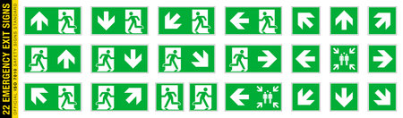 Full set of 22 isolated Emergency exit symbols on green rectangle board. Official ISO 7010 safety signs standardのイラスト素材
