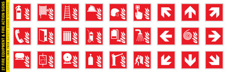 Full set of 27 isolated Fire equipment and Fire action signs on red board. Official ISO 7010 safety signs standard.のイラスト素材