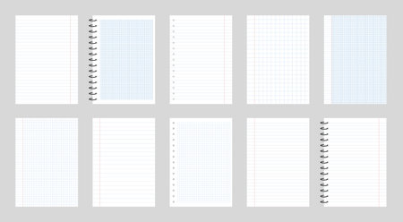 Set of 10 realistic vector illustration of blank of square and lining paper from block isolated on gray backgroundのイラスト素材