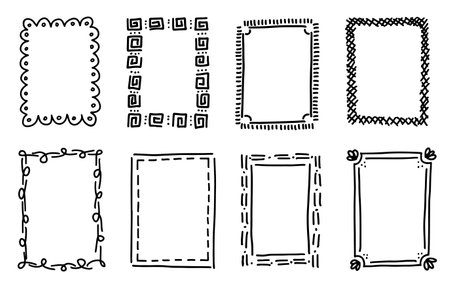 A collection of hand-drawn decorative frames in various styles, perfect for adding a unique touch to designs and projects.のイラスト素材