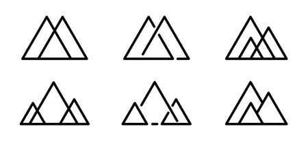 Collection of six minimalist mountain icons featuring geometric triangular peaks, ideal for logos, nature themes, and design elements.のイラスト素材
