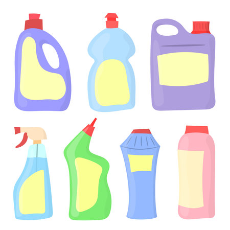 A collection of colorful cleaning product bottles in various shapes and sizes, ideal for household and sanitation-related designs.のイラスト素材