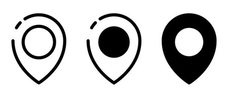 A set of three location pin icons featuring different styles, including outlined and solid black, for mapping and navigation purposes.のイラスト素材