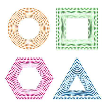 A collection of colorful geometric dot patterns in various shapes, perfect for modern design projects, backgrounds, and decorative elements.のイラスト素材