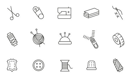 A collection of black and white outline icons illustrating various sewing and crafting tools, including needles, thread, and a sewing machine.のイラスト素材