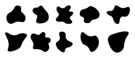 A collection of abstract black blob shapes with organic, fluid forms, ideal for backgrounds, modern design, and artistic elements.のイラスト素材