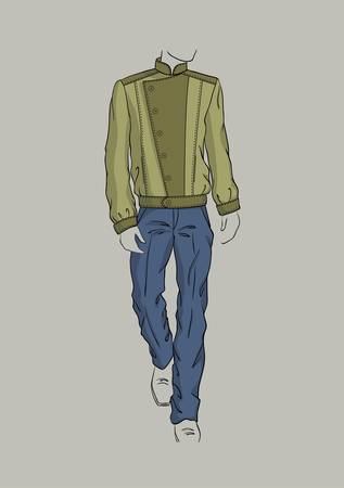 Swamp color jacket and blue trousers for menのイラスト素材