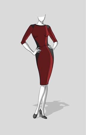 Woman in a dark red form-fitting dress with  grey insertsのイラスト素材