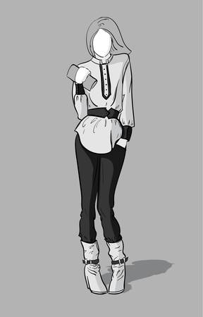 Young woman in a long blouse, black pants and short bootsのイラスト素材