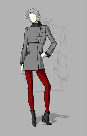 Woman in short grey coat with a technical drawing in the backgroundのイラスト素材