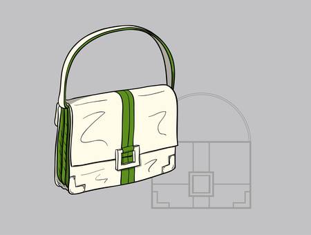 Small white woman s handbag with green accents and  a technical drawing in the backgroundのイラスト素材