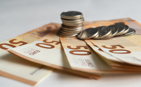 Euro banknotes close-up. 50 euro close-up. (currency of the European Union). On top of the banknotes...