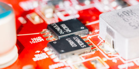 Electronic components, chips and capacitors on the pcb, close up view. Technology concept