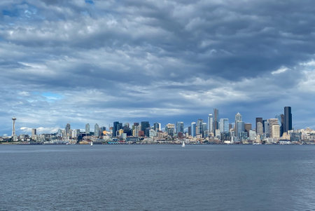The Seattle, Washington waterfront skyline on a sunny day in Juneの写真素材