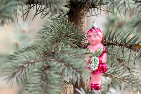 Close-up of the retro figures on the Christmas treeの写真素材