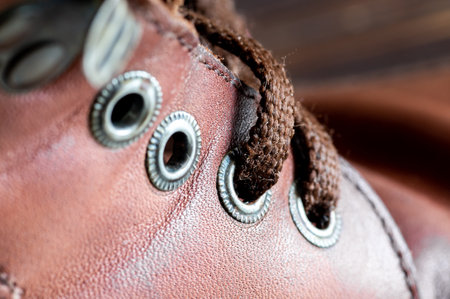 Close-up of the lacing on the brown shoesの写真素材