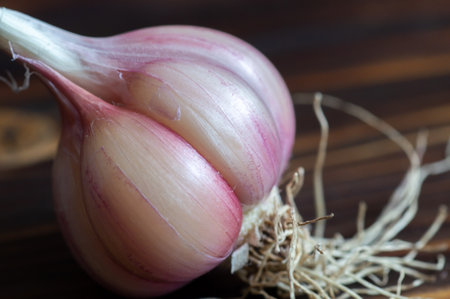 Close-up of garlic lying on a wooden backgroundの写真素材