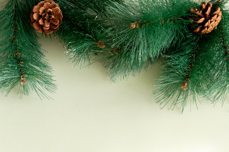 Branches with Christmas tree cones and a place to sign congratulations View from above. Concept of New Year celebration.の写真素材