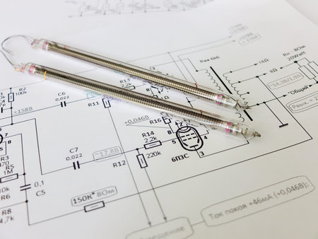 Electronic circuit of a vacuum tube amplifier with radio tubes and other equipmentの写真素材