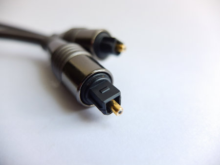 Close-up of optical audio cable isolated on white backgroundの写真素材