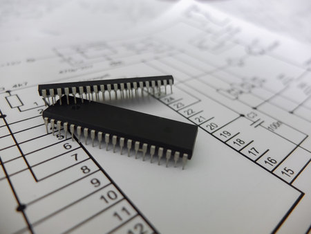 Various integrated circuits, microcontrollers in DIP SOIC TQFP packages. On the back there is a...