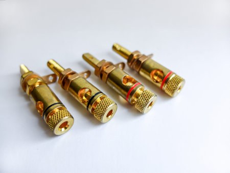 Adapter wire cable electronics audio speaker male banana plug connector isolated on white...